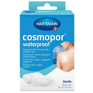 Cosmopor Waterproof, opatrunek chłonny, samoprzylepny, wodoodporny, jałowy, przezroczysty, 7,2 cm x 5 cm, 5 sztuk - zdjęcie produktu