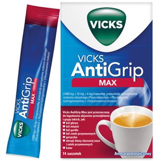Vicks AntiGrip Max 1000 mg + 16 mg + 4 mg, granulat do sporządzania roztworu doustnego, 14 saszetek - zdjęcie produktu