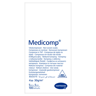 Medicomp, kompresy niejałowe, włókninowe, 4-warstwowe, 30 g/m2, 5 cm x 5 cm, 100 sztuk - zdjęcie produktu