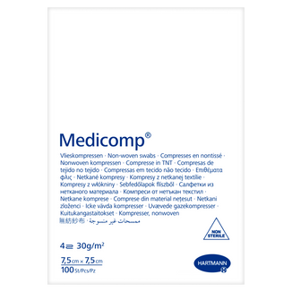 Medicomp, kompresy niejałowe, włókninowe, 4-warstwowe, 30 g/m2, 7,5 cm x 7,5 cm, 100 sztuk - zdjęcie produktu