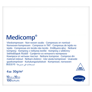 Medicomp, kompresy niejałowe, włókninowe, 4-warstwowe, 30 g/m2, 10 cm x 10 cm, 100 sztuk - zdjęcie produktu
