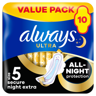 Always Ultra Secure Night, podpaski ze skrzydełkami, rozmiar 5, Extra, 10 sztuk - zdjęcie produktu