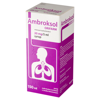 Ambroksol Orifarm 30 mg/5 ml, syrop, smak bananowy, 150 ml - zdjęcie produktu