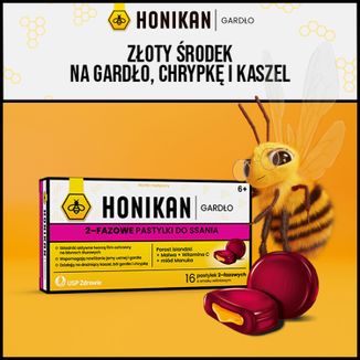 Honikan Gardło, 2-fazowe pastylki do ssania dla dzieci od 6 lat i dorosłych, smak wiśniowy, 16 sztuk - 2 - zdjęcie produktu