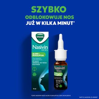 Nasivin Vicks Sinex Aloes i Eukaliptus 0,5 mg/ml, aerozol do nosa dla dorosłych i dzieci od 6 lat, 15 ml - 3 - zdjęcie produktu