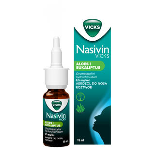 Nasivin Vicks Sinex Aloes i Eukaliptus 0,5 mg/ml, aerozol do nosa dla dorosłych i dzieci od 6 lat, 15 ml - zdjęcie produktu