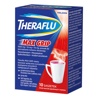 Theraflu Max Grip 1000 mg + 70 mg + 10 mg, proszek do sporządzania roztworu doustnego, smak owoców jagodowych i mentolu, 10 saszetek  USZKODZONE OPAKOWANIE - 2 - zdjęcie produktu