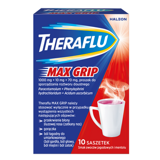 Theraflu Max Grip 1000 mg + 70 mg + 10 mg, proszek do sporządzania roztworu doustnego, smak owoców jagodowych i mentolu, 10 saszetek  USZKODZONE OPAKOWANIE - zdjęcie produktu
