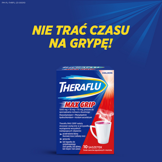Theraflu Max Grip 1000 mg + 70 mg + 10 mg, proszek do sporządzania roztworu doustnego, smak owoców jagodowych i mentolu, 10 saszetek  USZKODZONE OPAKOWANIE - 8 - zdjęcie produktu