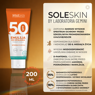 Soleskin, emulsja do opalania twarzy i ciała, SPF 50, od 6 miesiąca, 200 ml - 3 - zdjęcie produktu