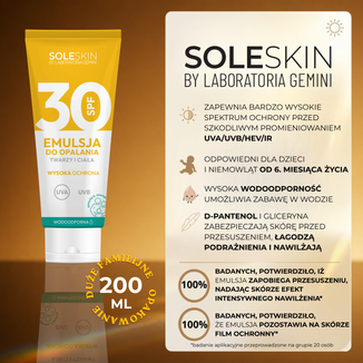 Soleskin, emulsja do opalania twarzy i ciała, SPF 30, od 6 miesiąca, 200 ml - 3 - zdjęcie produktu