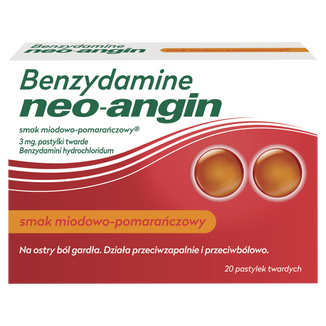 Benzydamine neo-angin 3 mg, smak miodowo-pomarańczowy, 20 pastylek twardych - zdjęcie produktu