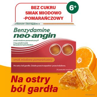 Benzydamine neo-angin 3 mg, smak miodowo-pomarańczowy, 20 pastylek twardych - 2 - zdjęcie produktu