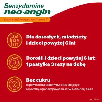 Benzydamine neo-angin 3 mg, smak miodowo-pomarańczowy, 20 pastylek twardych - 5 - zdjęcie produktu