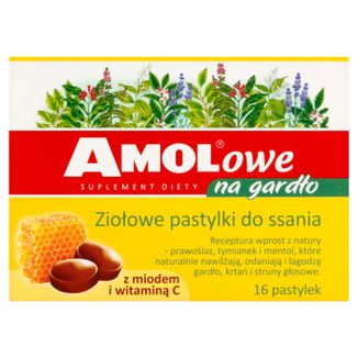 AMOLowe na Gardło, ziołowe pastylki do ssania z miodem i witaminą C, 16 pastylek do ssania - zdjęcie produktu