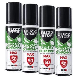 Zestaw BuzzStop Max, spray ochronny na komary, kleszcze i meszki, DEET 50%, 4 x 80 ml - zdjęcie produktu