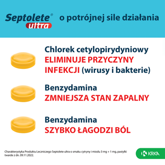Septolete Ultra o smaku cytryny i miodu 3 mg + 1 mg, 16 pastylek twardych - 4 - zdjęcie produktu