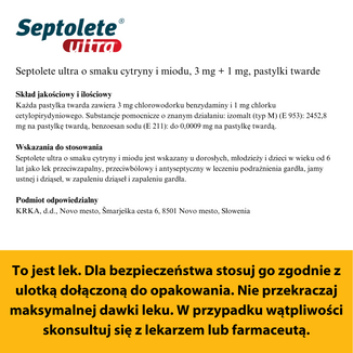 Septolete Ultra o smaku cytryny i miodu 3 mg + 1 mg, 16 pastylek twardych - 7 - zdjęcie produktu