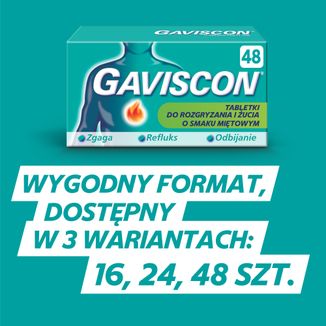 Gaviscon o smaku mięty Tab 250 mg + 133,5 mg + 80 mg, 48 tabletek do rozgryzania i żucia - 10 - zdjęcie produktu