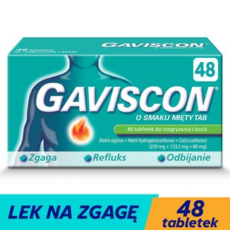 Gaviscon o smaku mięty Tab 250 mg + 133,5 mg + 80 mg, 48 tabletek do rozgryzania i żucia - 3 - zdjęcie produktu