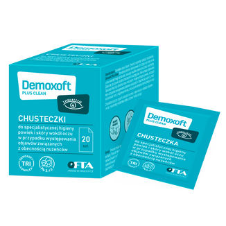 Demoxoft Plus Clean, chusteczki do specjalistycznej higieny powiek i skóry wokół oczu, 20 sztuk - zdjęcie produktu