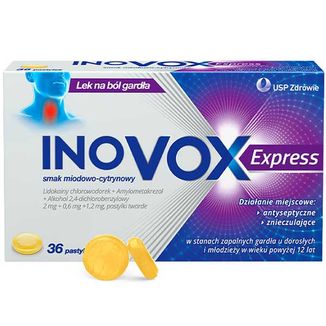 Inovox Express 2 mg + 0,6 mg + 1,2 mg, smak miodowo-cytrynowy, 36 pastylek USZKODZONE OPAKOWANIE - zdjęcie produktu