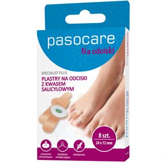 Pasocare Specialist Plus, plastry na odciski, z kwasem salicylowym, 20 mm  x 72 mm, 8 sztuk - zdjęcie produktu