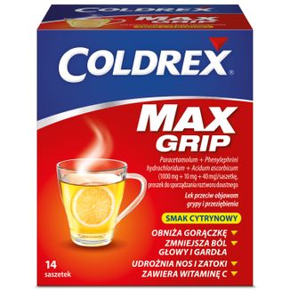 Coldrex MaxGrip 1000 mg + 10 mg + 40 mg, smak cytrynowy, 14 saszetek - 2 - zdjęcie produktu