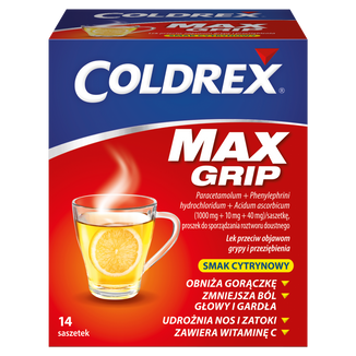 Coldrex MaxGrip 1000 mg + 10 mg + 40 mg, smak cytrynowy, 14 saszetek - zdjęcie produktu