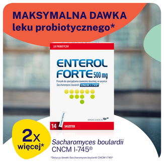 Enterol Forte 500 mg, Saccharomyces boulardii, eradykacja Helicobacter pylori, proszek do sporządzania zawiesiny doustnej, 14 saszetek USZKODZONE OPAKOWANIE - 3 - zdjęcie produktu