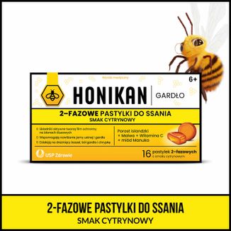 Honikan Gardło, 2-fazowe pastylki do ssania dla dzieci od 6 lat i dorosłych, smak cytrynowy, 16 sztuk - 2 - zdjęcie produktu