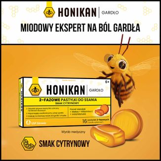 Honikan Gardło, 2-fazowe pastylki do ssania dla dzieci od 6 lat i dorosłych, smak cytrynowy, 16 sztuk - 3 - zdjęcie produktu